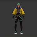 Anthropomorphic Character In Yellow Jacket Black Pants Green Hat And Backpack 3d model