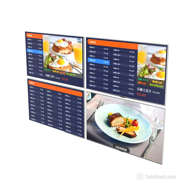 Digital Menu Boards for Restaurants Displaying Food Images and Price Information 3d model 