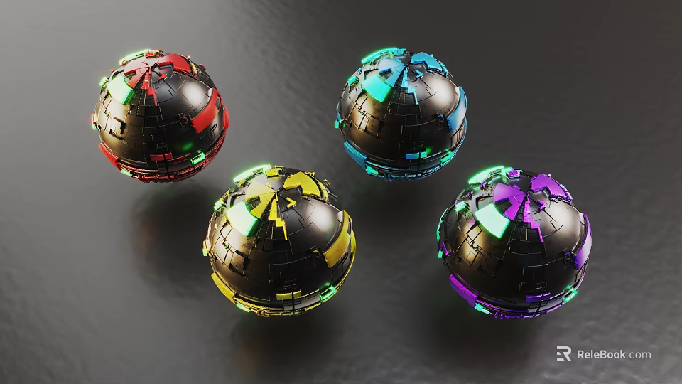 Colorful Glowing Spheres With Red Yellow Blue Purple Hues And Geometric Patterns 3d model 