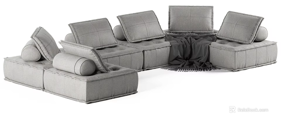 Modern Gray Modular Sectional Sofa With Plush Cushions And Cozy Blanket 3d model
