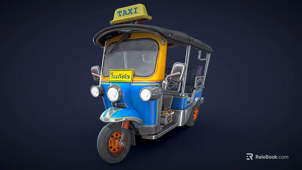 Three Wheeled TukTuk Taxi With Blue Yellow Body And Top Taxi Sign 3d model 