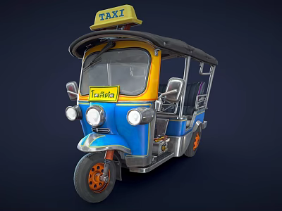 Three Wheeled TukTuk Taxi With Blue Yellow Body And Top Taxi Sign 3d model