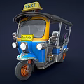 Three Wheeled TukTuk Taxi With Blue Yellow Body And Top Taxi Sign