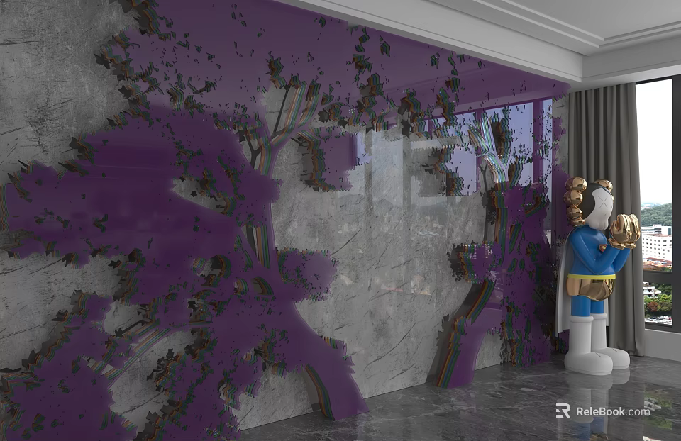 Modern Marble Background Wall with Purple Tree like Decoration and Blue Clad Cartoon Character Statue 3d model 