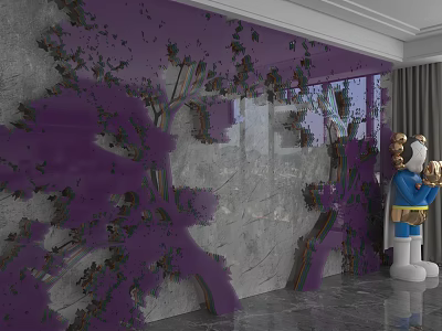 Modern Marble Background Wall with Purple Tree like Decoration and Blue Clad Cartoon Character Statue 3d model