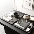 Tabletop Decorative Ornament Set with Tray Mirror Candles Bowl Books and Lamp