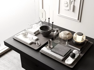 Tabletop Decorative Ornament Set with Tray Mirror Candles Bowl Books and Lamp 3d model
