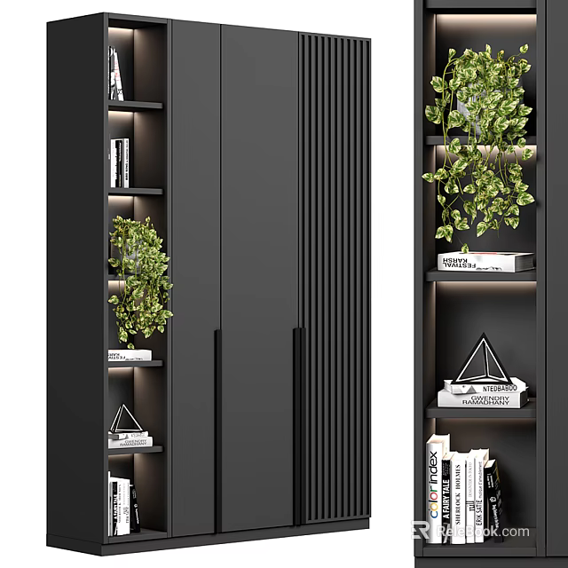 Modern Black Bookcase With Shelves Green Plants Books And Decorative Items 3d model 