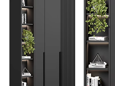 Modern Black Bookcase With Shelves Green Plants Books And Decorative Items 3d model