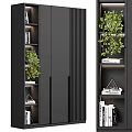Modern Black Bookcase With Shelves Green Plants Books And Decorative Items