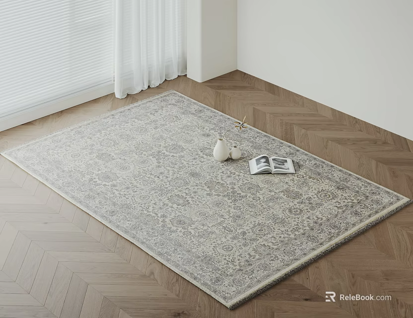 Square Rug with Decorative Pattern on Herringbone Wooden Floor with White Curtains Vase and Books 3d model 
