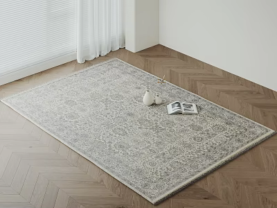 Square Rug with Decorative Pattern on Herringbone Wooden Floor with White Curtains Vase and Books 3d model