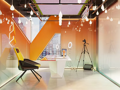 Modern Public Office Space Interior Design With Pendant Lights Glass Partitions And Ergonomic Chair 3d model