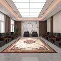 Spacious Conference Room With Patterned Carpet Leather Sofas And Marble Backdrop 3d model