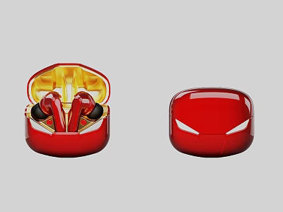Stylish Red Wireless Earbuds with Open Charging Case Yellow Interior and Closed White Accent Design 3d model