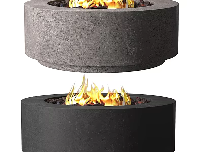 Modern Round Concrete Fire Pit Design With Gray And Black Finish And Burning Flames 3d model
