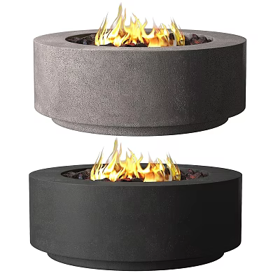 Modern Round Concrete Fire Pit Design With Gray And Black Finish And Burning Flames 3d model