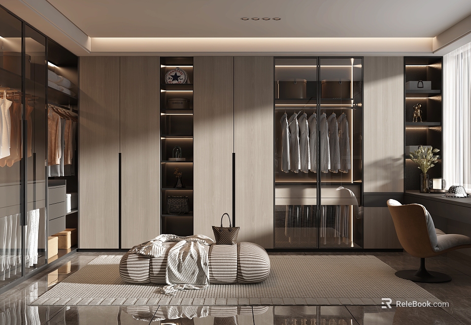 Modern Walk-in Closet Interior Design With Cabinets Clothes Shelves Rug And Chair 3d model 