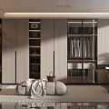 Modern Walk-in Closet Interior Design With Cabinets Clothes Shelves Rug And Chair