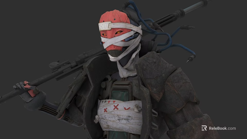 Game Movie Character Wearing Red Headband Bandages Carrying Rifle And Marked Clothing 3d model 