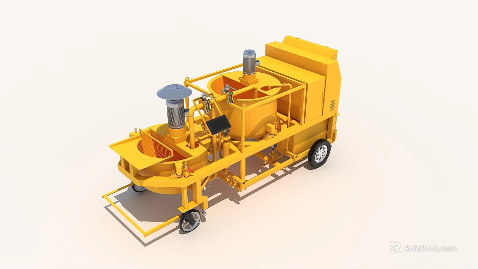 Construction Site Yellow Mobile Concrete Mixer Machine With Control Panel And Wheels 3d model