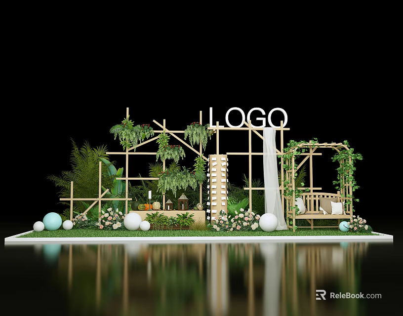 Brand Display Booth With Bamboo Structure Green Plants White Spheres And Wooden Decor 3d model 