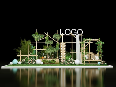 Brand Display Booth With Bamboo Structure Green Plants White Spheres And Wooden Decor 3d model