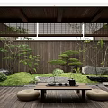 Tranquil Courtyard Garden With Wooden Ceiling Fence Lush Greenery Stones Tea Table And Floor Cushions