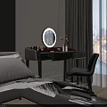 Elegant Black Dressing Table With Round Mirror Cosmetics Gray Chair And City View Window