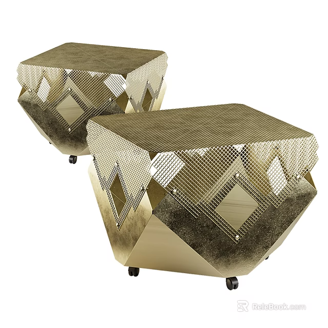 Stylish Gold Coffee Tables Featuring Diamond Pattern Mesh Design And Wheels 3d model 
