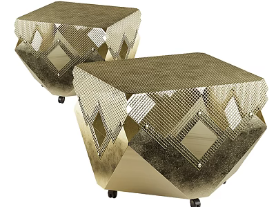 Stylish Gold Coffee Tables Featuring Diamond Pattern Mesh Design And Wheels 3d model