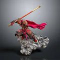 Monkey King Statue With Golden Staff Red Cape Armor And Cloud Base 3d model