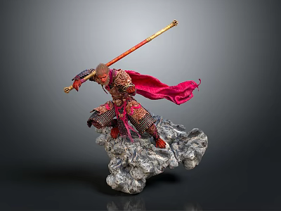 Monkey King Statue With Golden Staff Red Cape Armor And Cloud Base 3d model