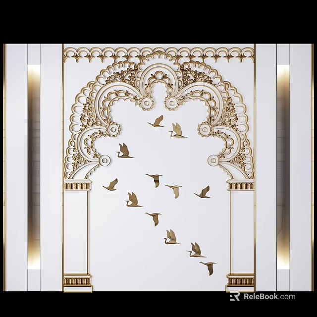 Elegant Gold Wall Decor Featuring Intricate Ornate Patterns and Flying Birds Design 3d model