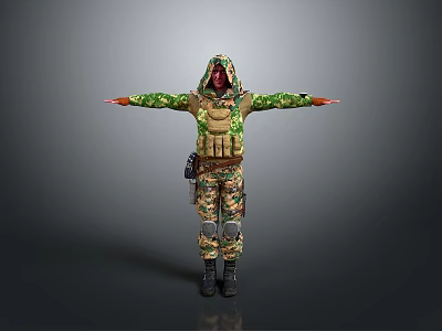 Man in camouflage uniform with hood tactical vest arms outstretched against neutral gray background 3d model