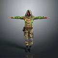 Man in camouflage uniform with hood tactical vest arms outstretched against neutral gray background