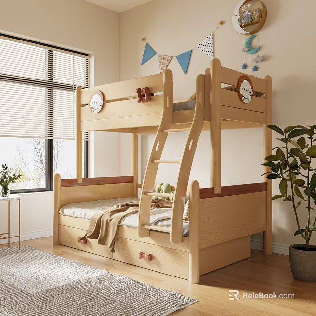 Natural Wood Bunk Bed In Bright Kids Bedroom With Storage 3d model 