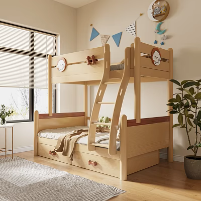 Natural Wood Bunk Bed In Bright Kids Bedroom With Storage 3d model