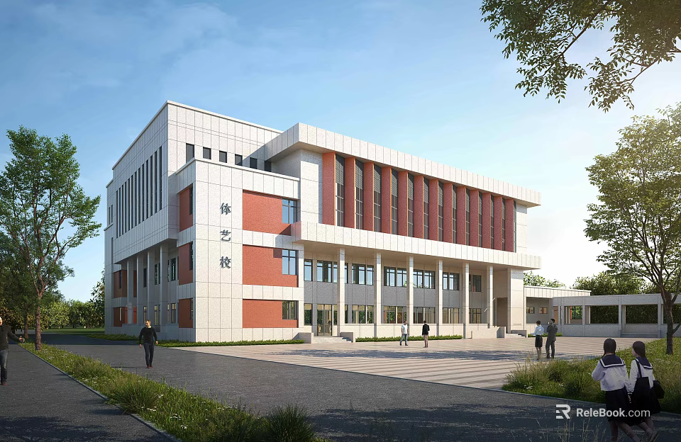 Modern Multi Story School Building With White Red Facade Plaza Trees And People Walking 3d model 