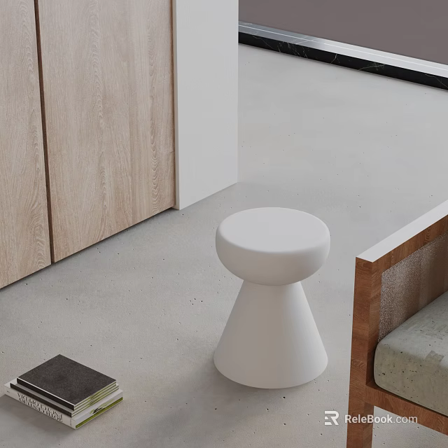 Stylish Round White Side Table With Wooden Cabinet And Book On Gray Floor 3d model 