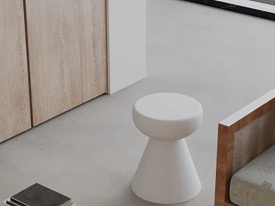 Stylish Round White Side Table With Wooden Cabinet And Book On Gray Floor 3d model