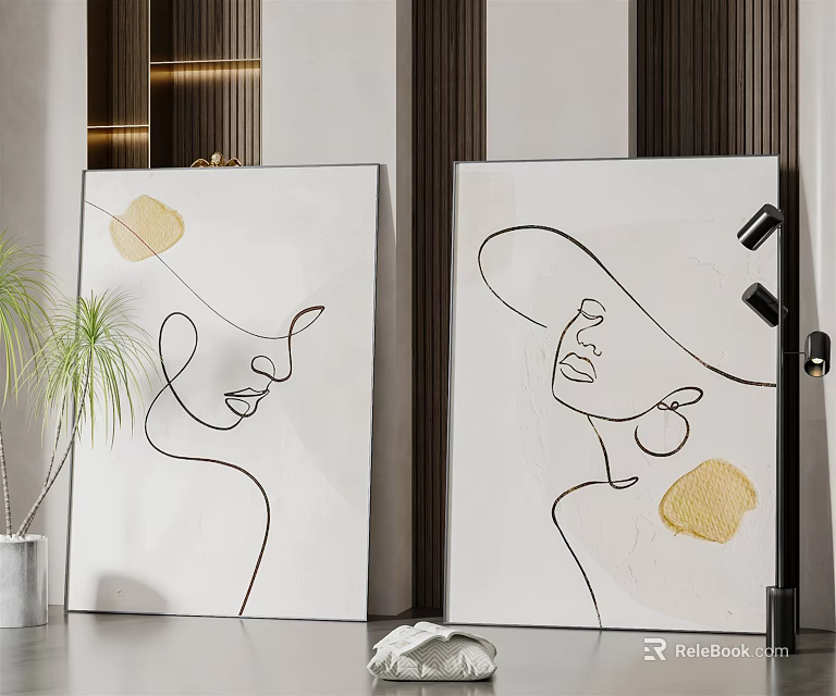 Abstract Line Art Wall Decor With Female Face And Gold Accents In Living Room 3d model 