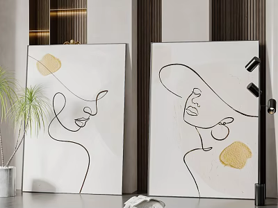 Abstract Line Art Wall Decor With Female Face And Gold Accents In Living Room 3d model