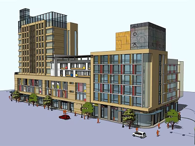 Modern Multi Story Building Design With Glass Curtain Walls And Urban Street Features 3d model