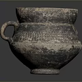 Ancient Handcrafted Carved Pottery Vessel With Textured Surface And Handle 3d model