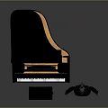 Black Grand Piano with Open Lid and Art Supplies Including Paintbrushes