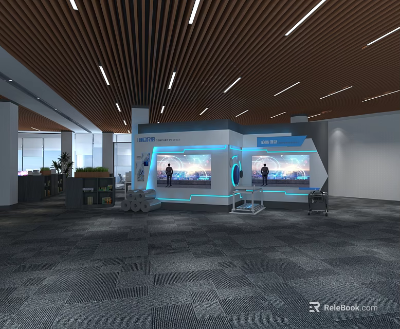 Modern Cultural Wall In Exhibition Space With Interactive Screens Ambient Lighting And Wooden Ceiling 3d model 