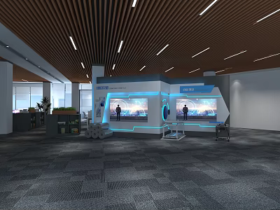 Modern Cultural Wall In Exhibition Space With Interactive Screens Ambient Lighting And Wooden Ceiling 3d model