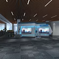 Modern Cultural Wall In Exhibition Space With Interactive Screens Ambient Lighting And Wooden Ceiling