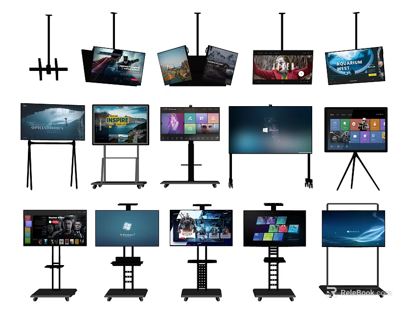 Multiple Televisions With Floor Stands And Mobile Mounts In Various Styles 3d model 